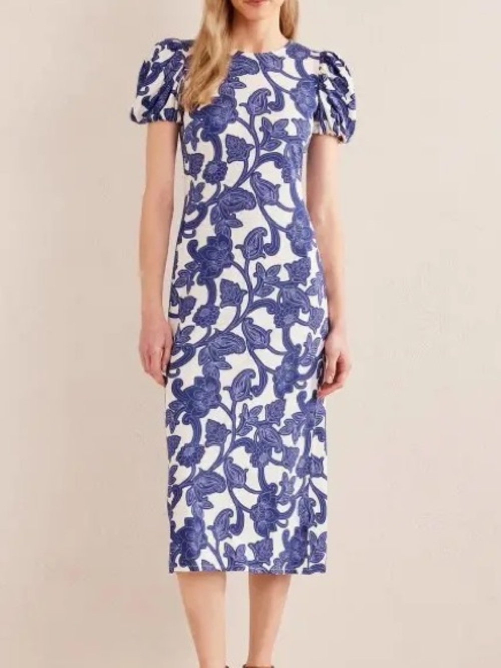 Boden Puff Sleeve Jersey Midi Dress Blue Ribbonβ Paisley Whirl Size 6